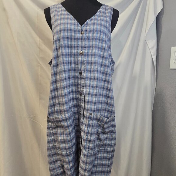 Vintage North Crest Dress Blue Plaid Size XL Button-up Pockets 90's Sleeveless - Picture 1 of 8